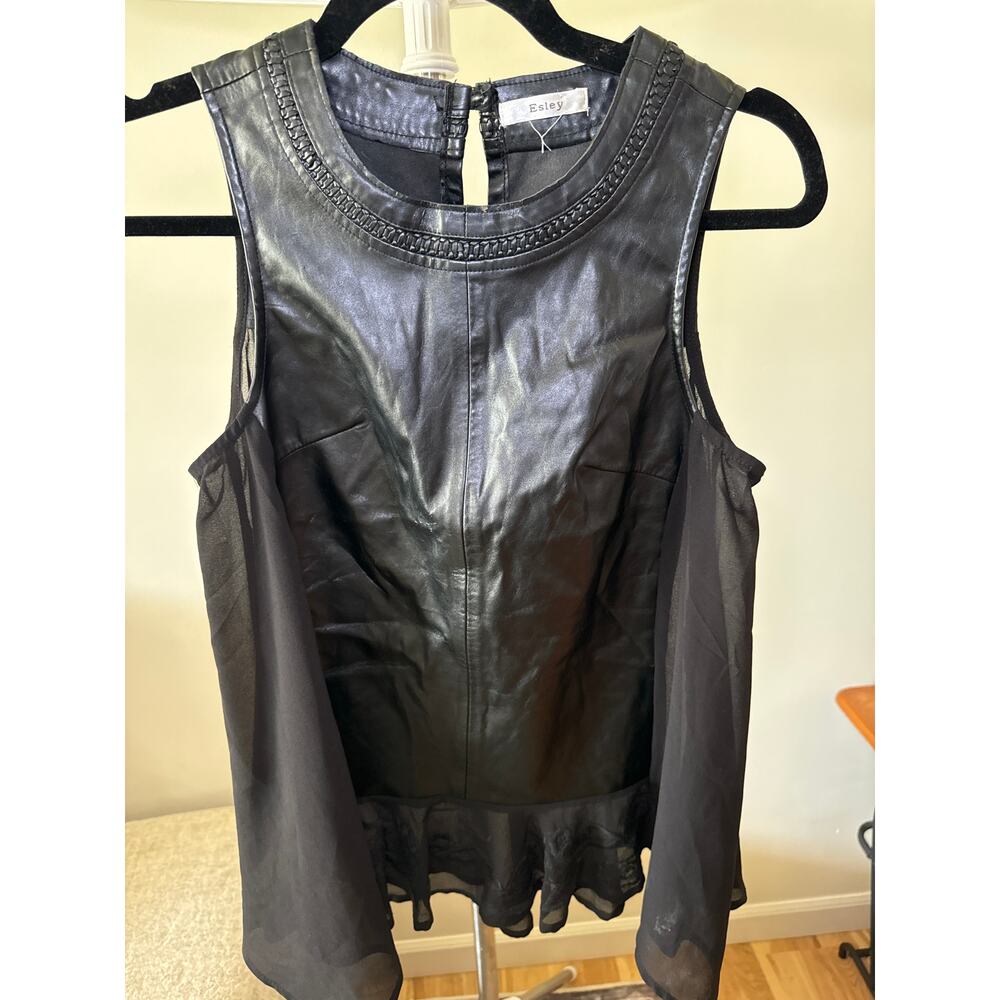 Esley Black Tank Top Silk Peplum Back Faux Leather Blouse Small Sz Snags in Bust
